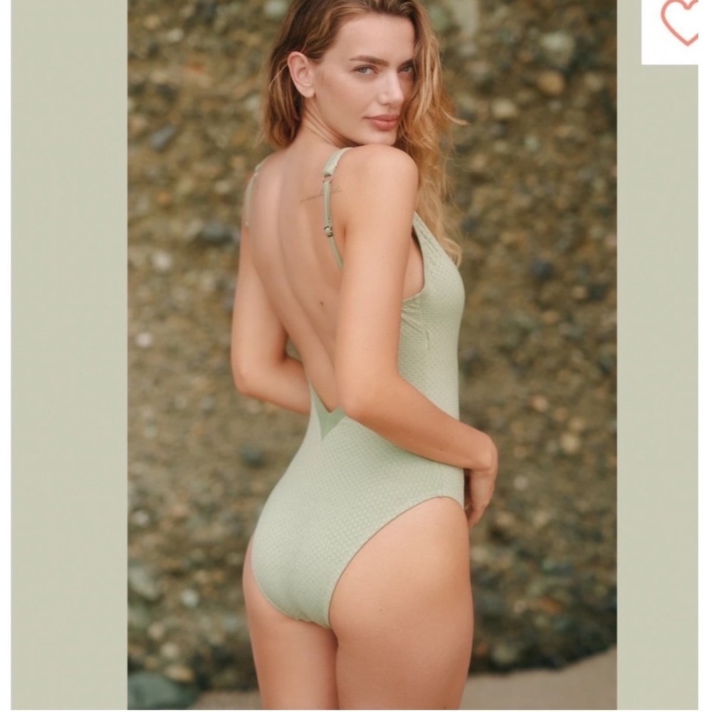 Sanctuary Swim Sashay Plunge One Piece Swimsuit Sage Green Metallic Textured S - Picture 5 of 13